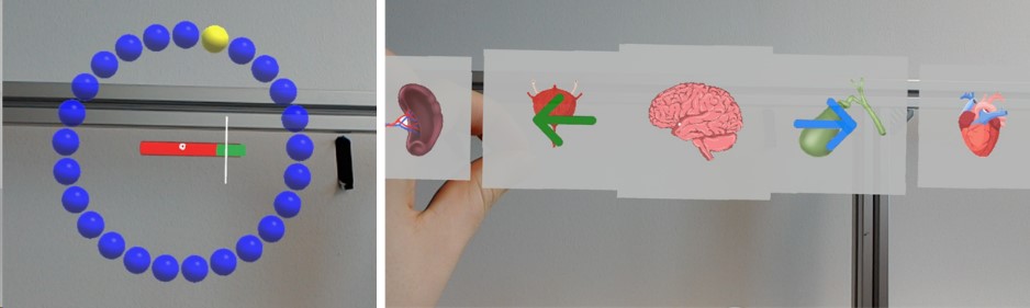 Left: Study to investigate the influence of selection tasks (ball ring) on a primary tasks (beam) in AR. The selection task depicts interaction with medical image data in abstract form, the primary task the guidance of a medical instrument. Right: User navigates through AR image data with hand gestures.