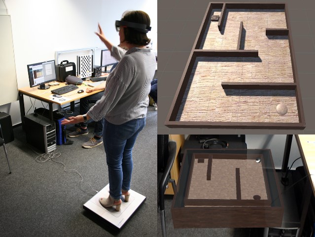 With a MediBalanceBoard, the user moves a virtual ball in a wooden box to a target position. The ball and the wooden box are visualized using Hololens AR glasses.