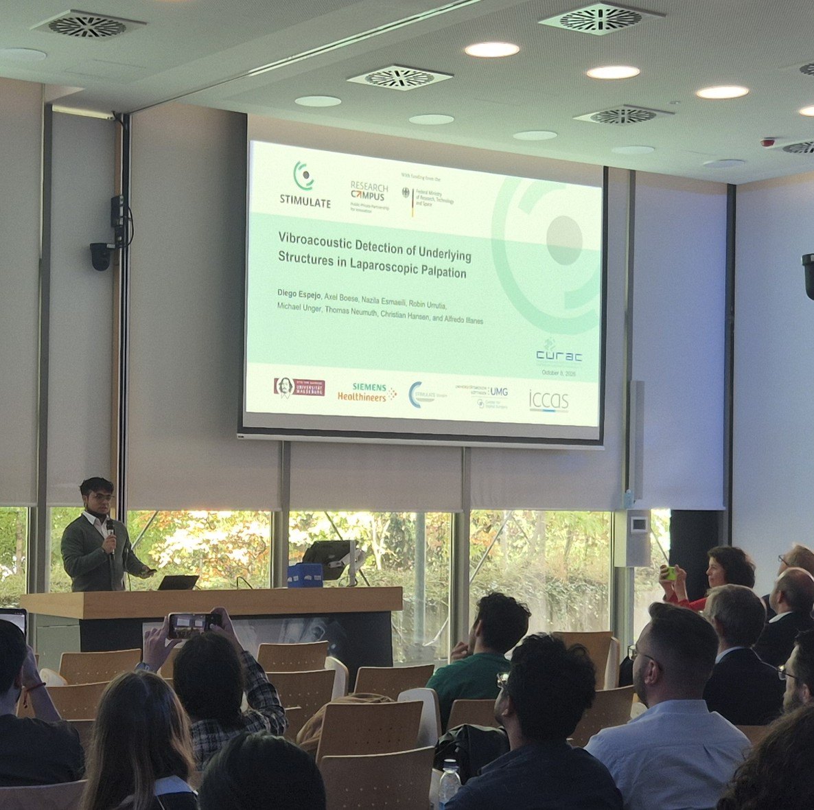 Title slide of an oral presentation on vibroacoustic detection of underlying structures in laparoscopic palpation at CURAC 2026